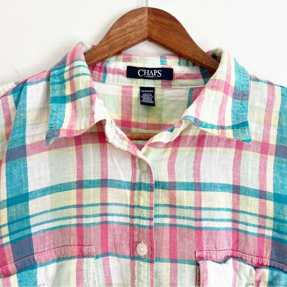 Chaps Womens Linen Blend Button Up Shirt 1X Pink Green Plaid Coastal Preppy - Picture 3 of 11